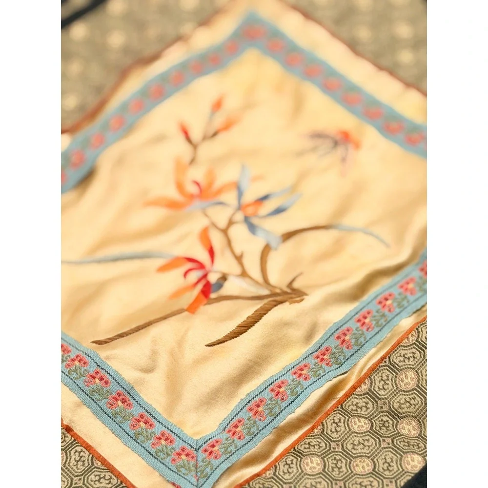 Vintage Chinese Silk Hand Embroidered Floral Butterfly Textile Mat Hong Kong